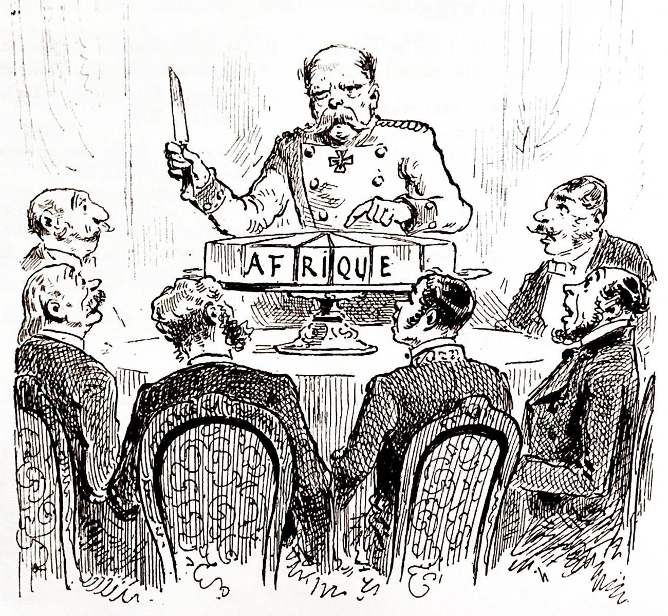 Political cartoon from L'illustration, January 1885: Bismarck stands over a round table holding a knife, carving up a cake labelled Afrique while European leaders look on.