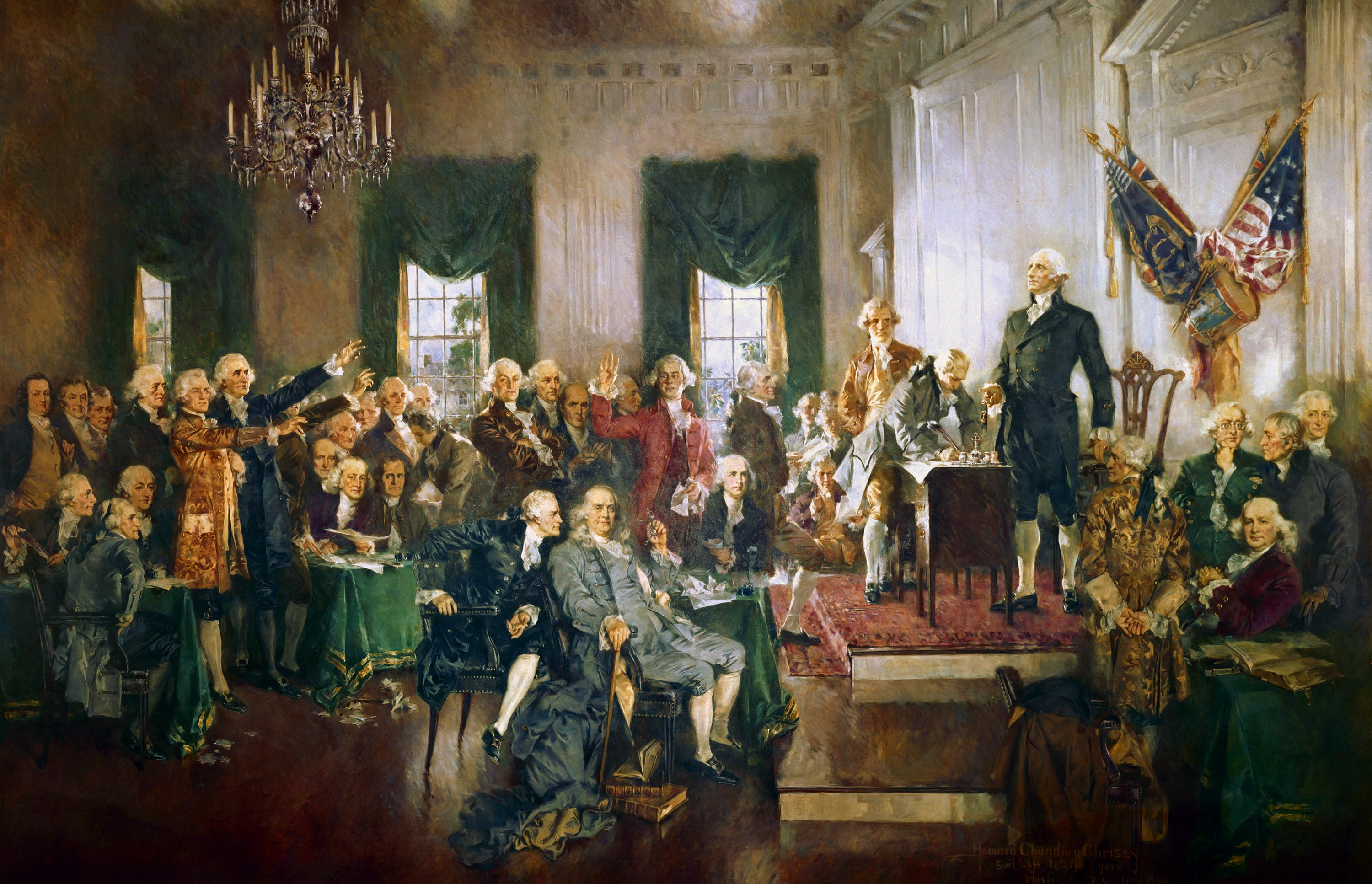 Howard Chandler Christy's 1940 mural depicting the 39 delegates signing the United States Constitution at Independence Hall, Philadelphia, on 17 September 1787, with George Washington presiding from the dais.