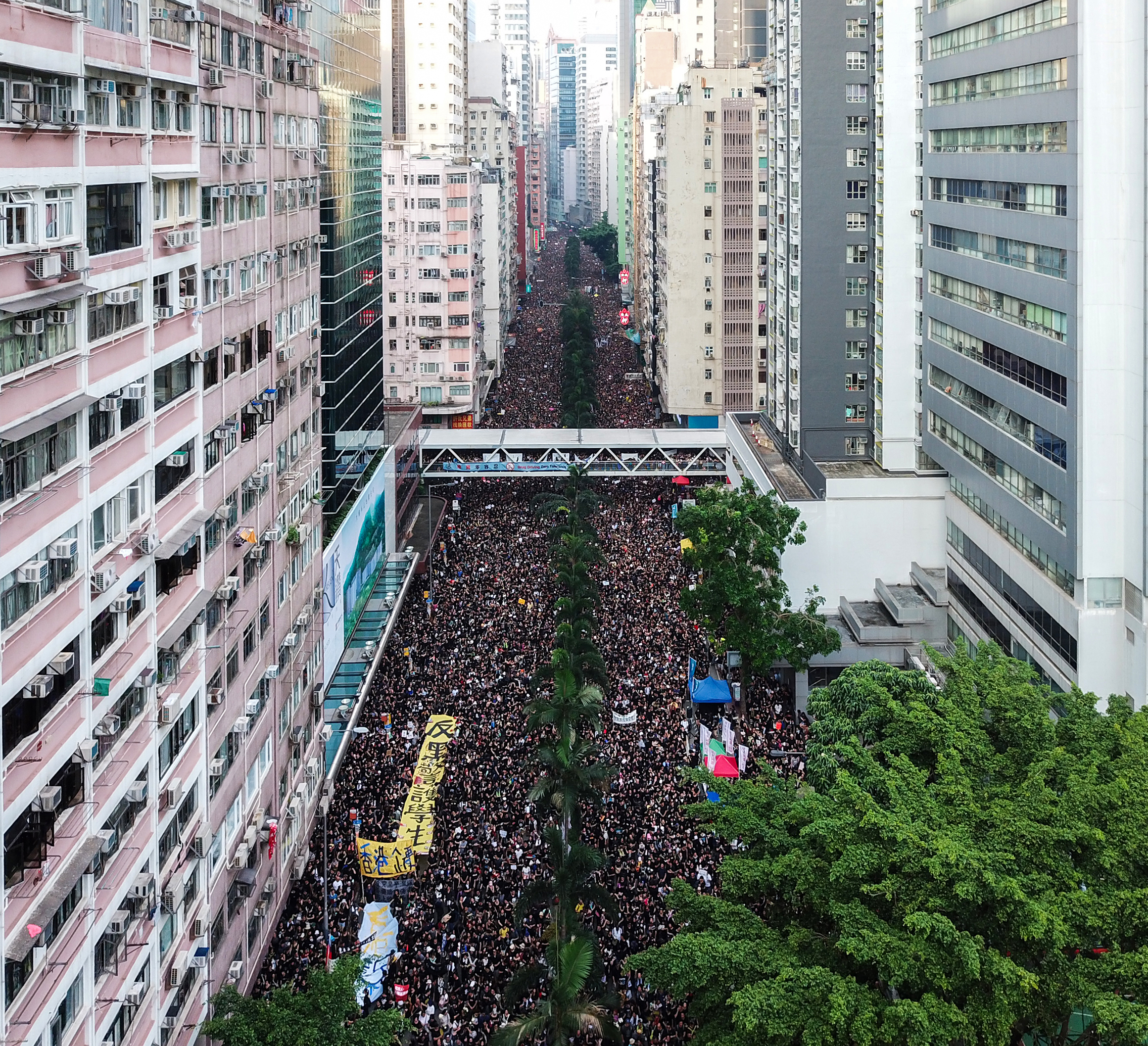 Aerial view of marchers filling Hennessy Road during the 16 June 2019 anti-extradition demonstration.