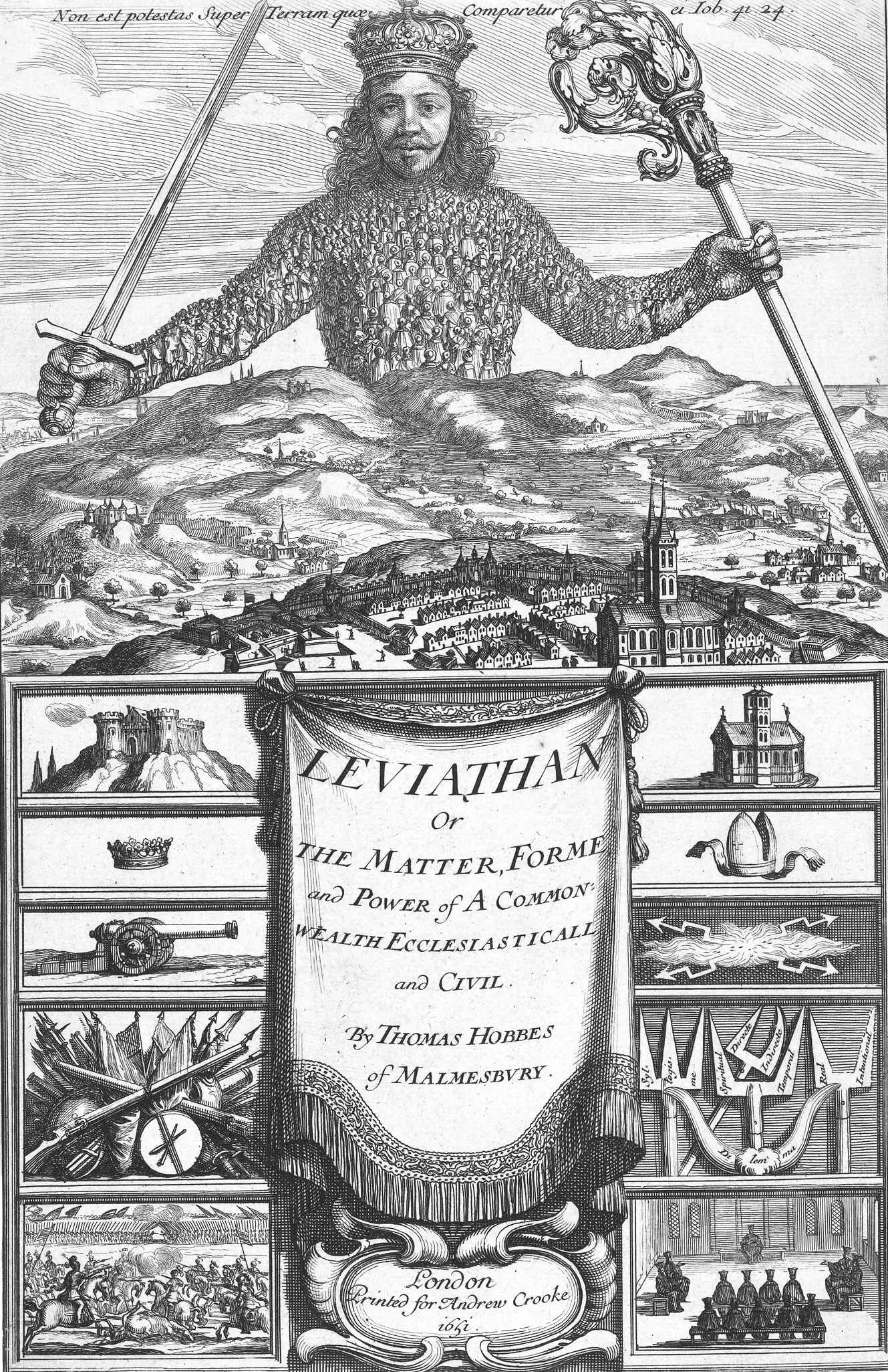 Frontispiece of Hobbes's Leviathan (1651): a giant sovereign rises over the landscape, his body composed of hundreds of small human figures who face inward toward his head, holding sword and crozier as the temporal and spiritual swords of state.