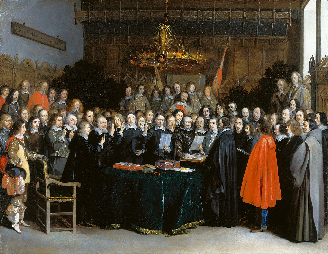 Gerard ter Borch's 1648 oil-on-copper painting of envoys gathered around a table in Münster, raising their hands to swear the oath that ratified the peace ending the Thirty Years' War.