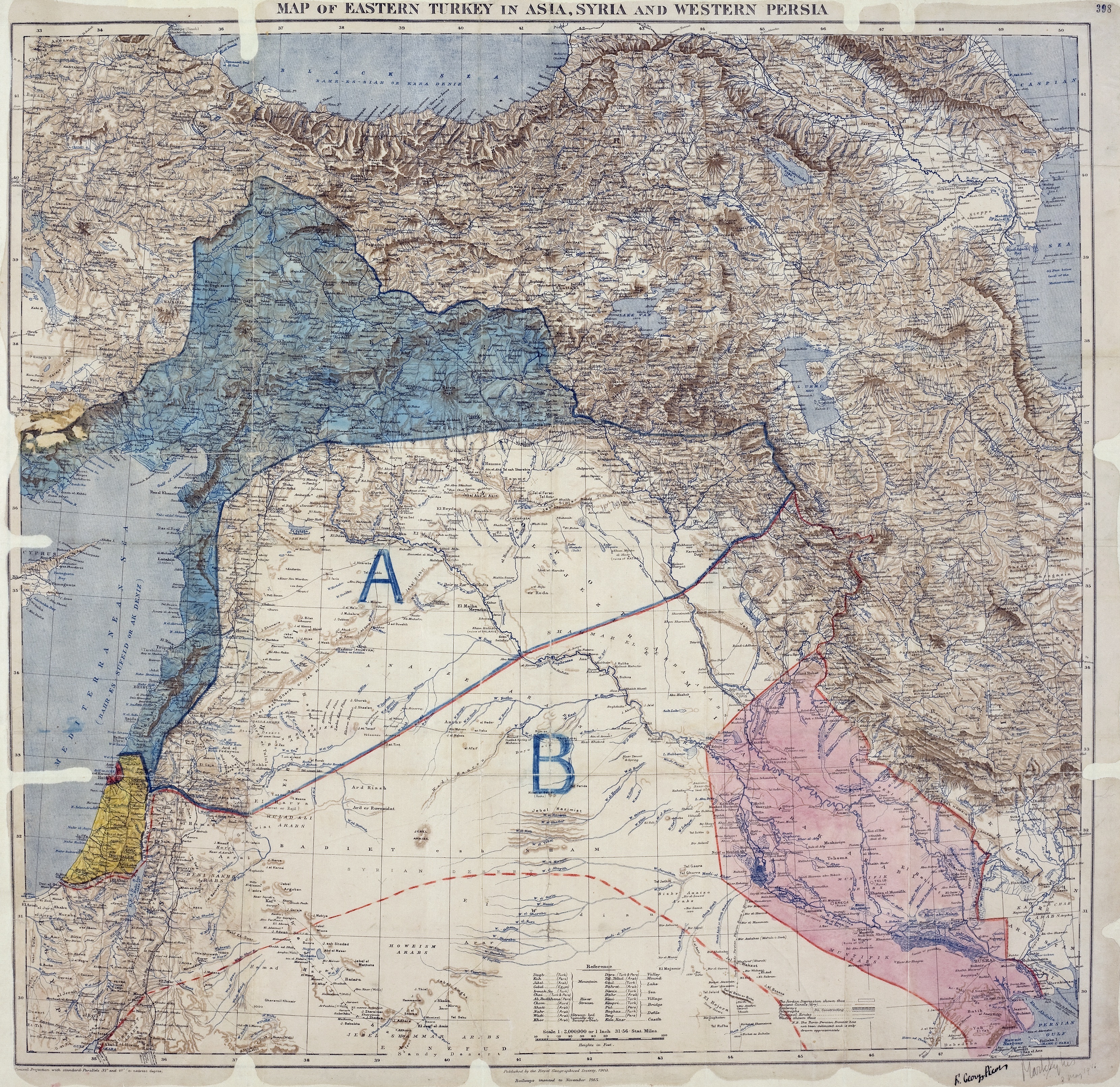The original Sykes-Picot map signed by Mark Sykes and François Georges-Picot on 8 May 1916, with British (red), French (blue), Russian (green), and protected Arab (light red and light blue) zones marked in coloured pencil over Ottoman territory.