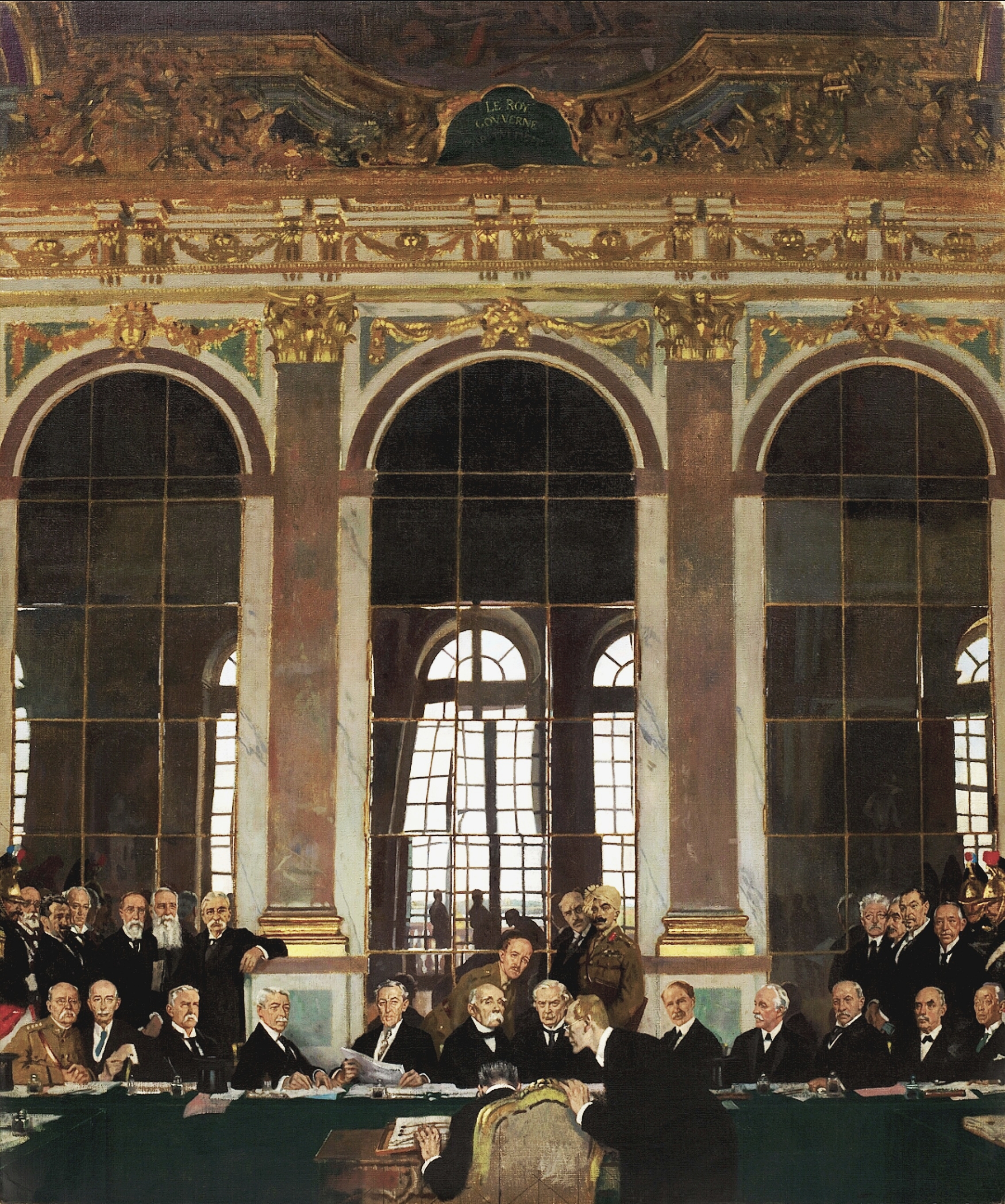 William Orpen's 1919 oil painting of the Treaty of Versailles signing in the Hall of Mirrors, showing Wilson, Clemenceau, Lloyd George and other delegates clustered around a small table beneath the gilded ceiling and tall mirrors of the chamber.